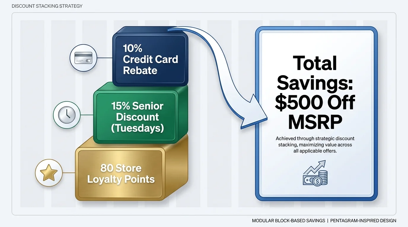 A diagram showing stacked blocks representing loyalty points, a 15% senior discount, and a 10% credit card rebate leading to total savings.