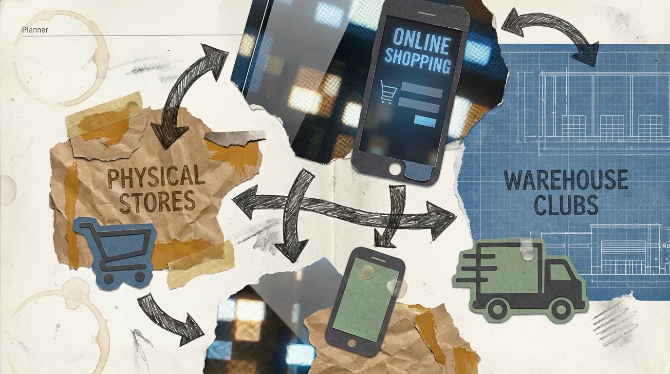 A mixed media collage showing a map of shopping channels including physical stores, online platforms, and warehouses.