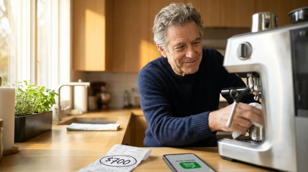 A senior man in a sunlit kitchen polishing a high-end espresso machine with a receipt showing a discounted price on the counter.