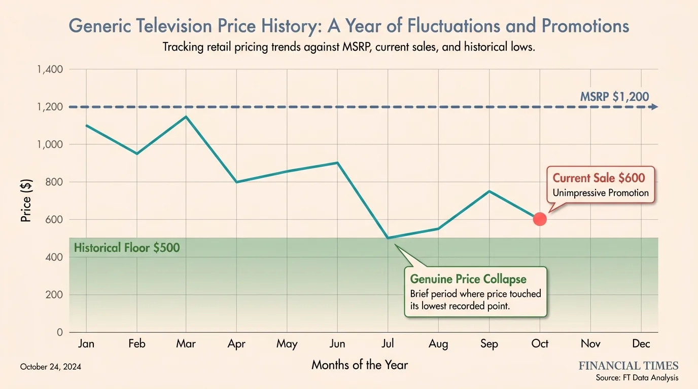 An infographic showing a price history graph with labels for MSRP at $1,200, a current sale at $600, and a historical floor at $500.