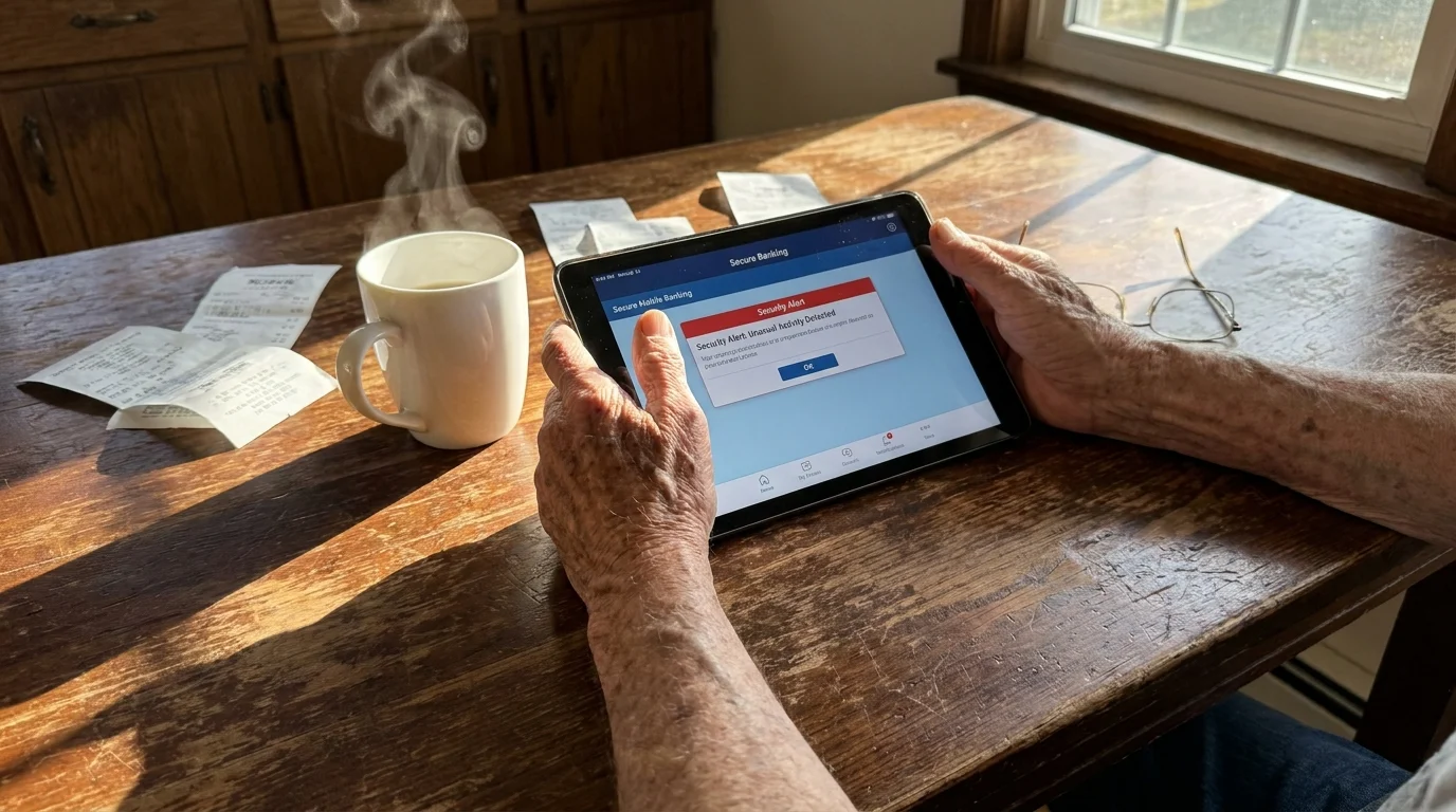 Close-up of a senior's hands holding a tablet with a security alert, emphasizing financial protection and vigilance.