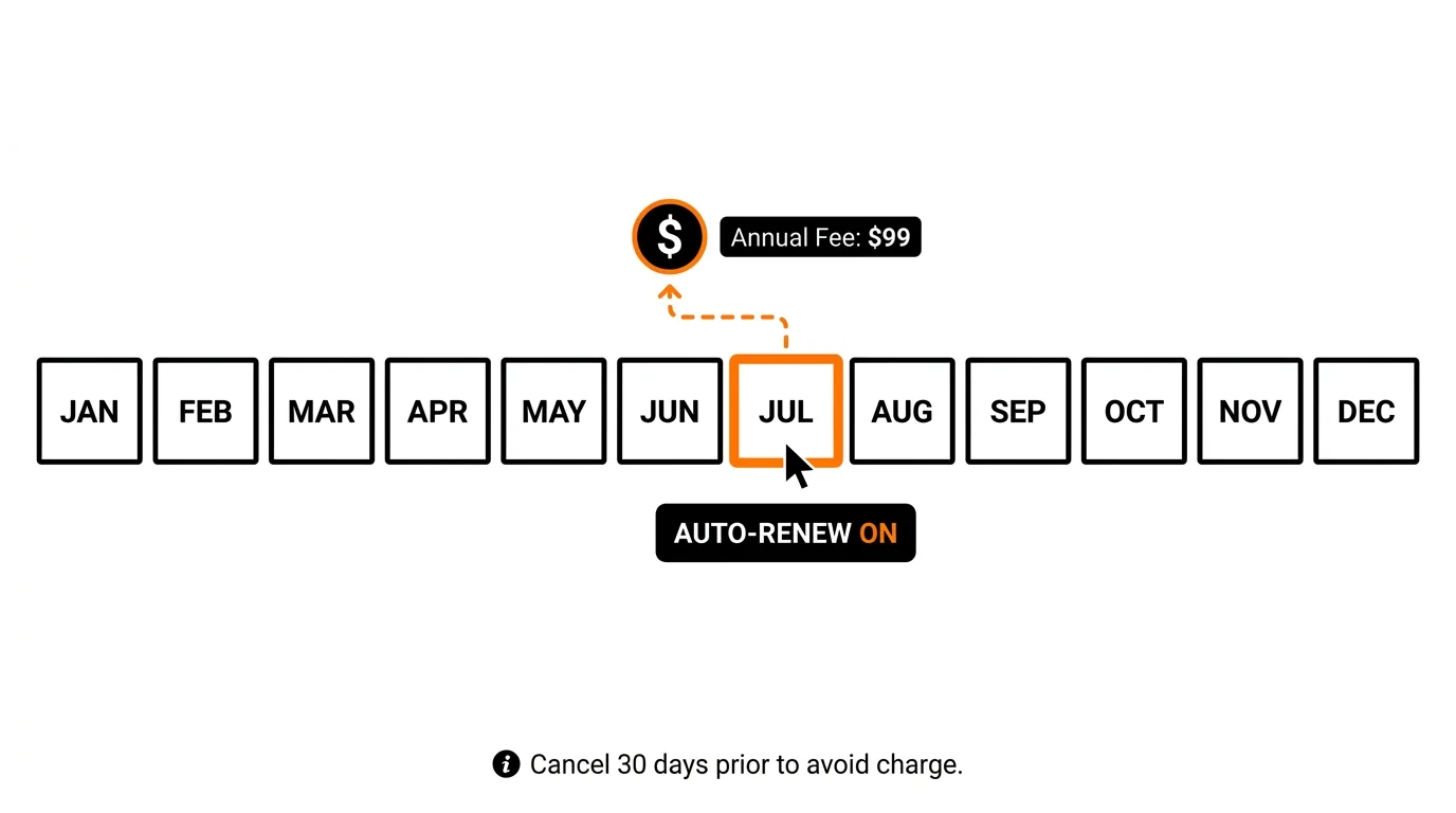 A 12-month calendar diagram highlighting a month where an auto-renew charge is triggered for a software license.