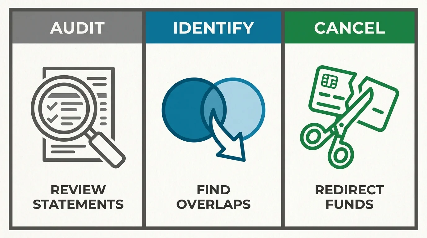 A 3-step horizontal diagram showing the process: Audit (magnifying glass), Identify (overlap), and Cancel (scissors).