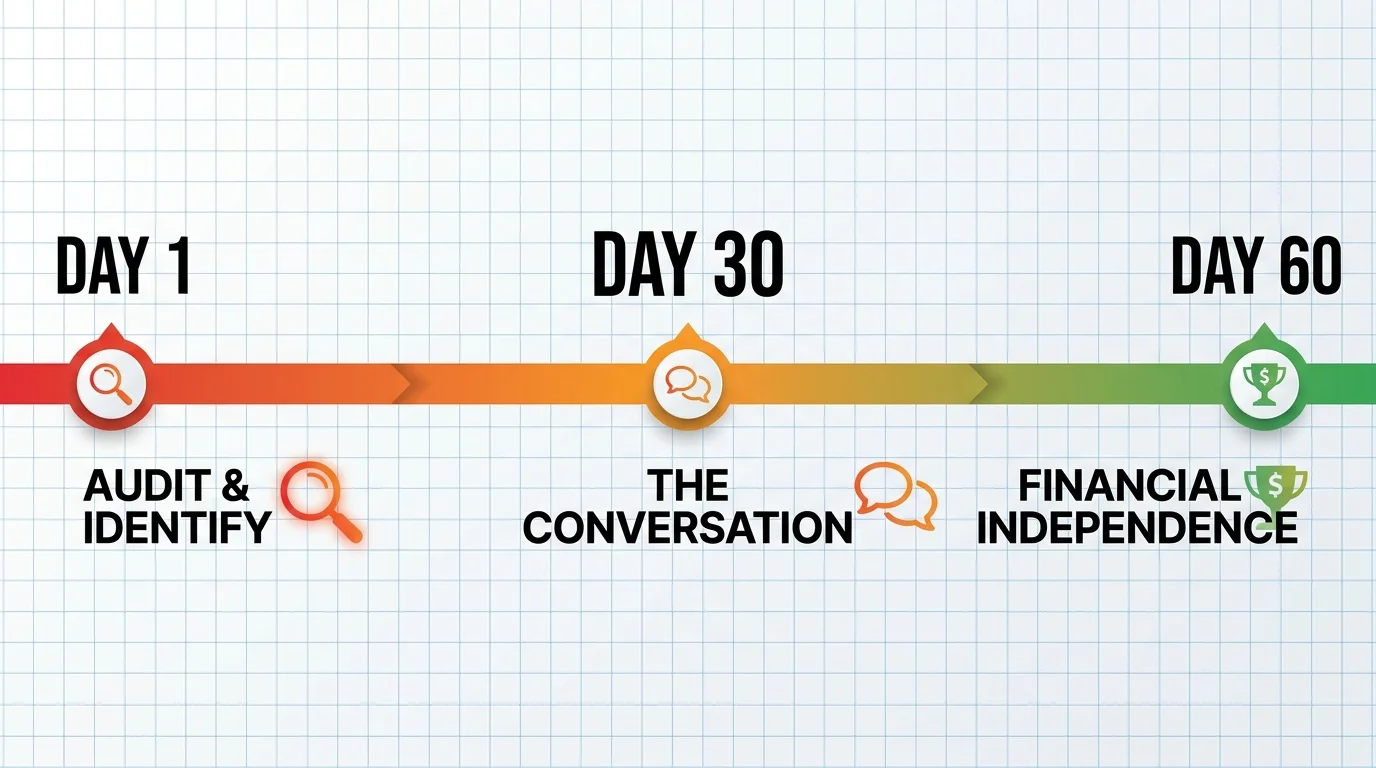 A 60-day timeline showing the steps from auditing expenses to achieving financial independence.