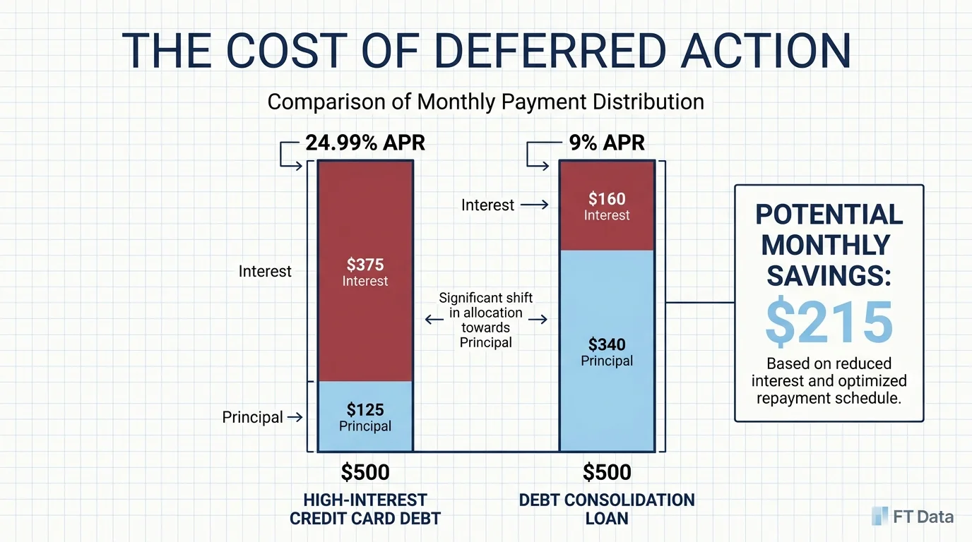 A bar chart comparing interest payments on a high-interest credit card versus a lower-interest consolidation loan.