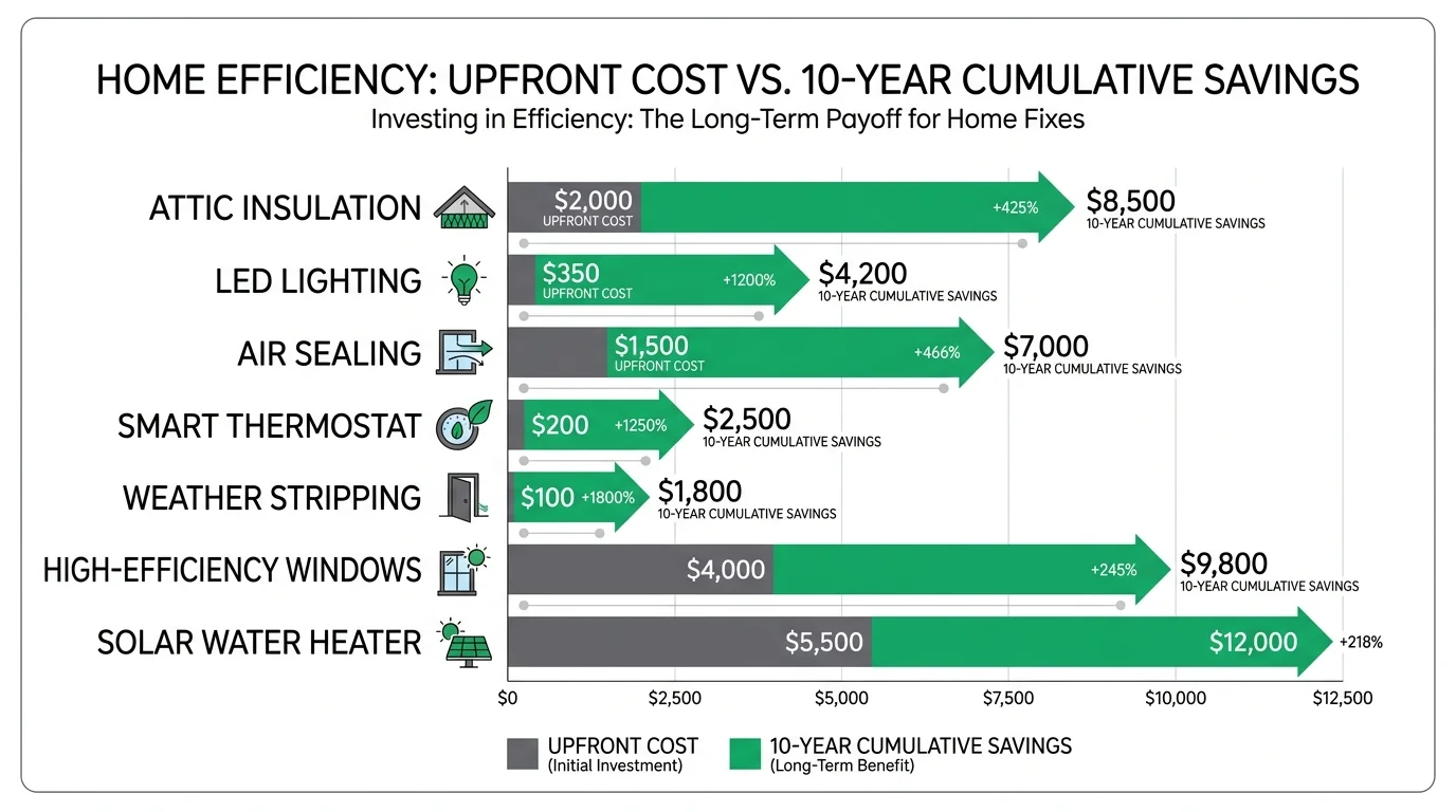 A bar chart comparing the initial cost of home fixes against their 10-year cumulative savings.