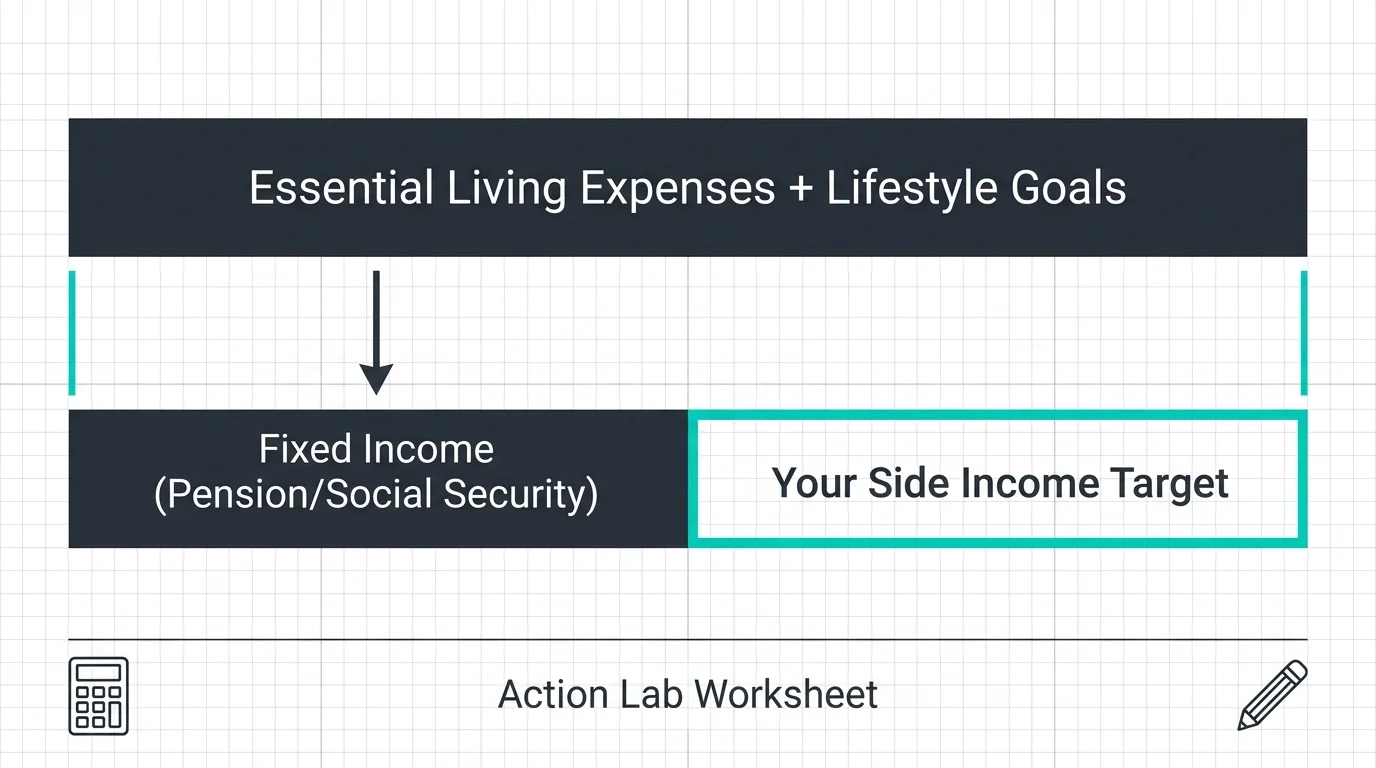 A bar chart diagram showing how to calculate side income needs by subtracting fixed income from total expenses.