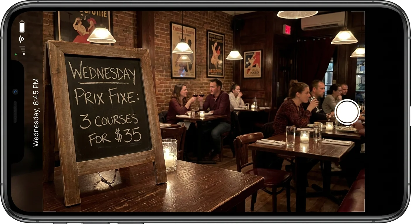 A bistro table with a chalkboard menu advertising a three-course Wednesday prix fixe dinner special.