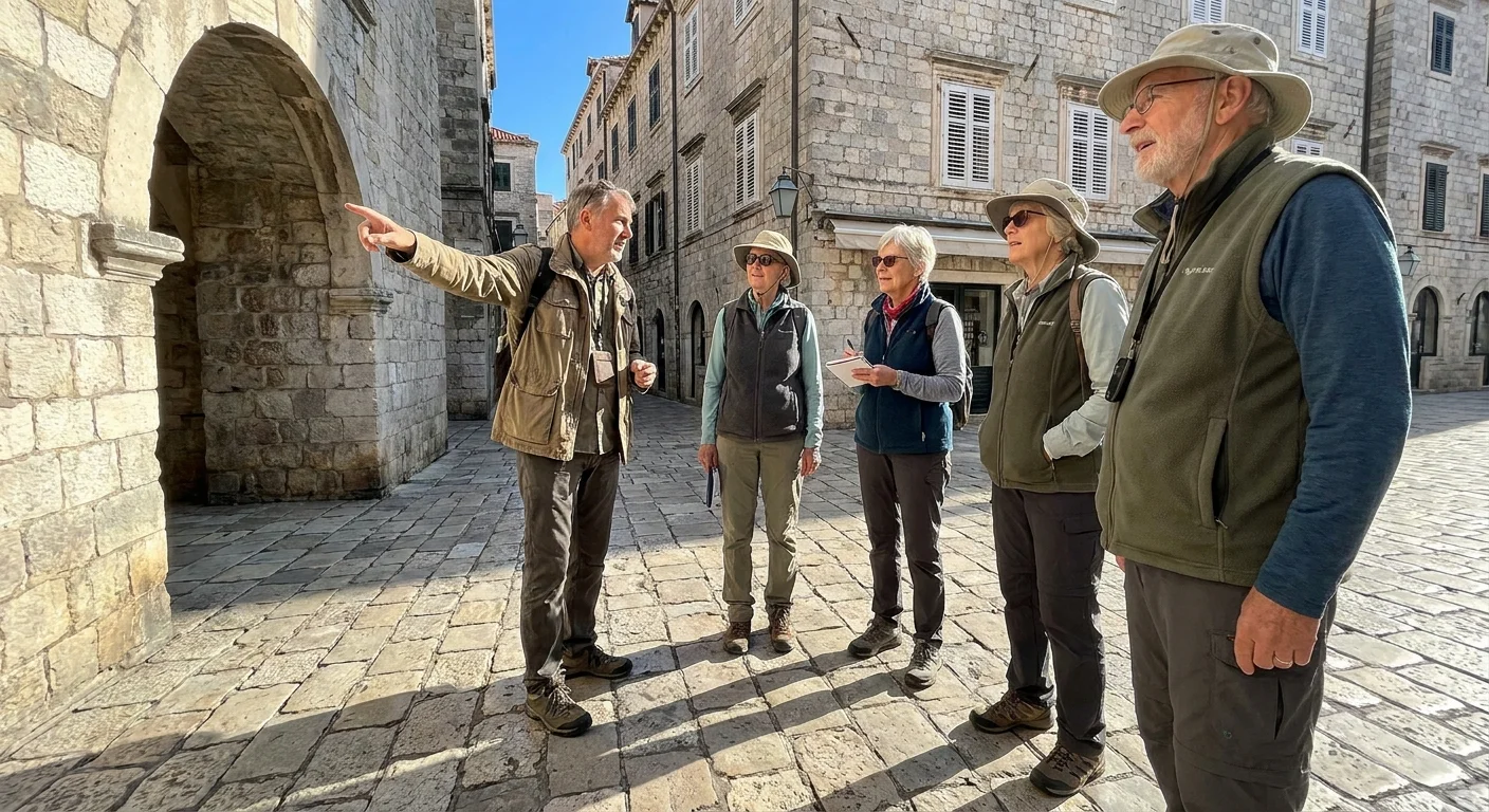 A candid photo of a group of seniors on an educational tour in a historic European city.