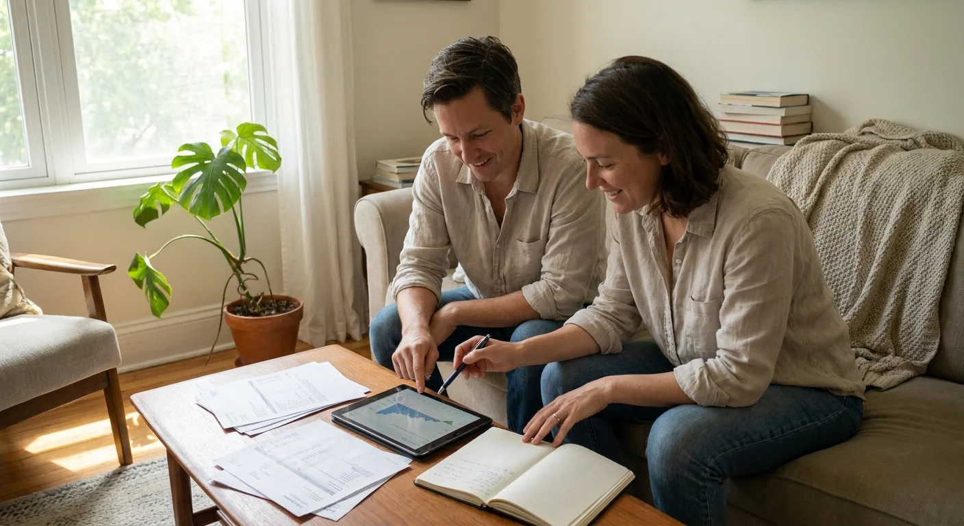 A candid photo of two people in a sunny living room reviewing financial documents together on a tablet.