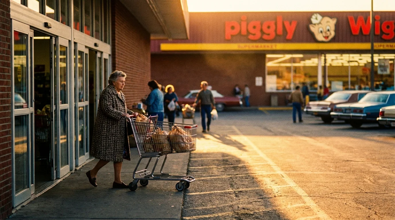 A cinematic photograph of a senior woman leaving a Piggly Wiggly store with a full cart of groceries during sunset.