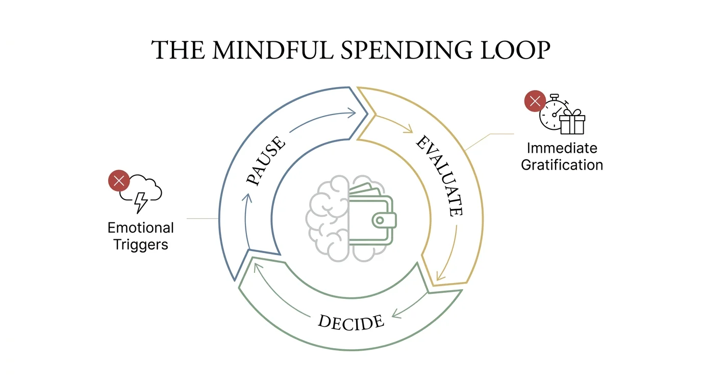 A circular diagram illustrating a three-step process for mindful spending: Pause, Evaluate, and Decide.
