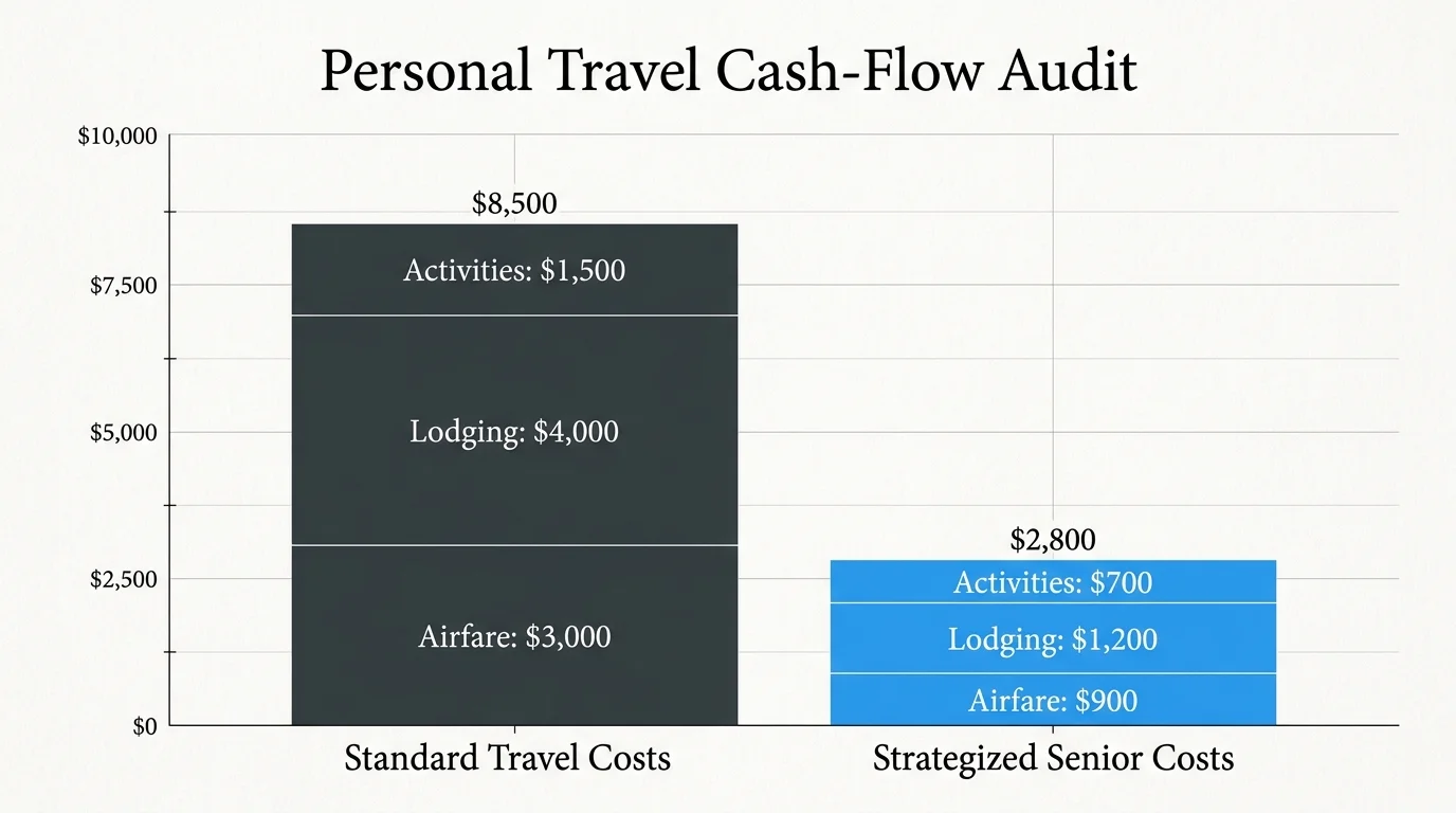 A clean bar chart comparing standard travel costs versus strategized senior costs, showing significant savings.
