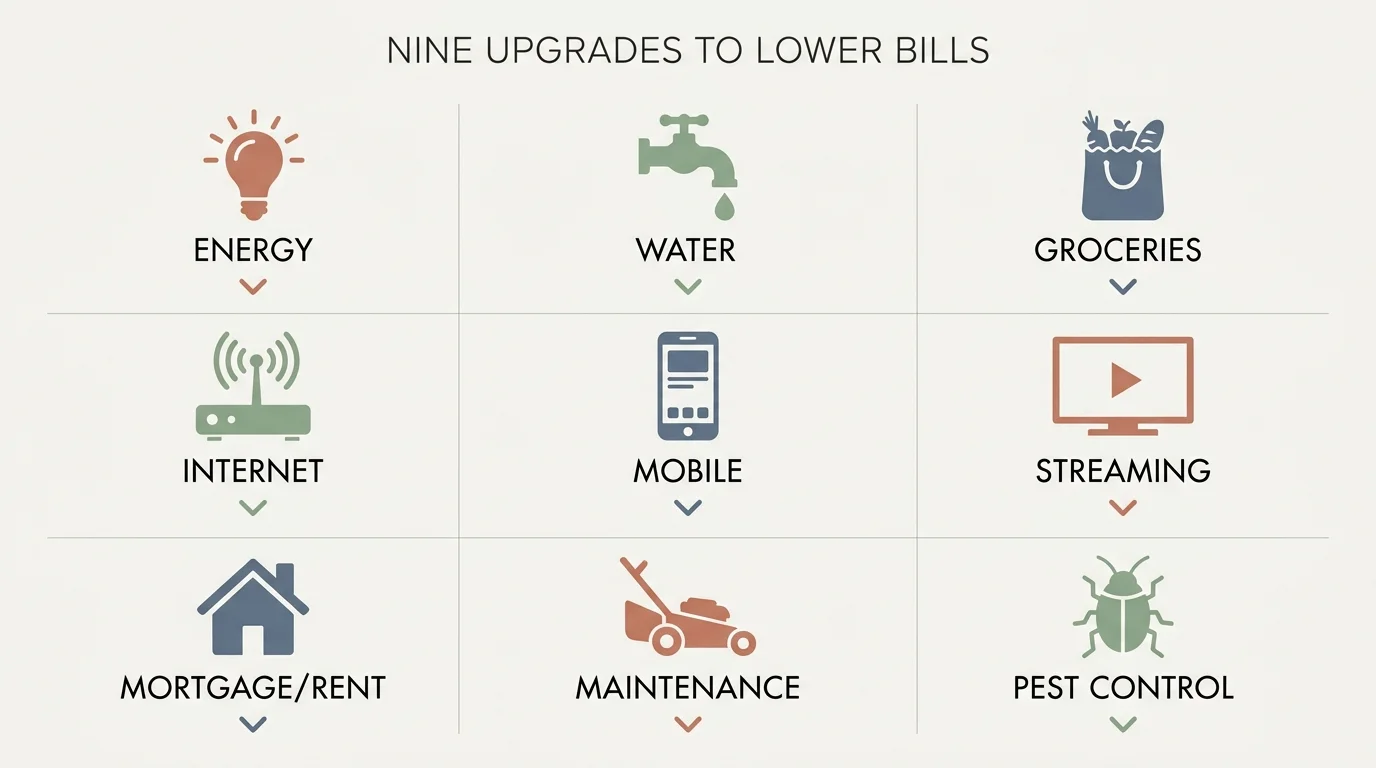 A clean infographic grid showing icons for 9 common monthly bills like electricity, water, and groceries with downward arrows.