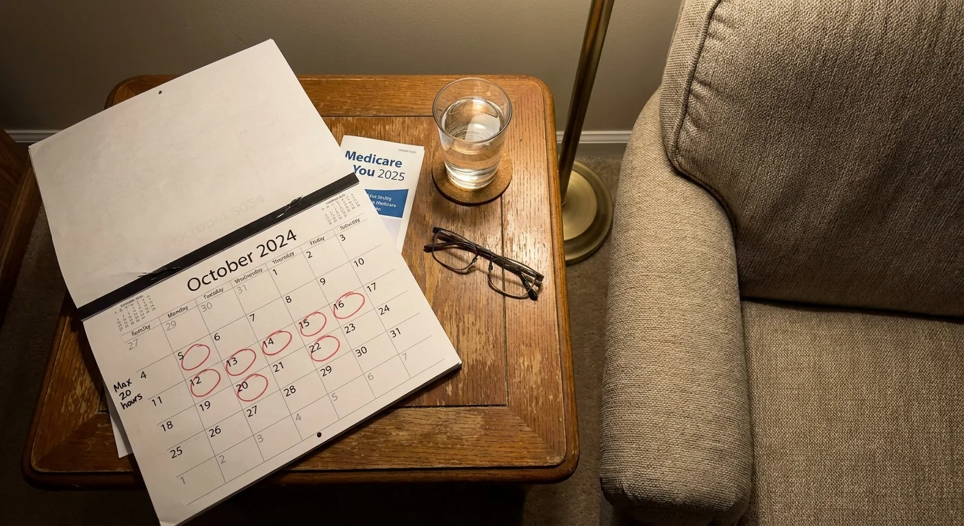 A close-up of a calendar with circled dates and a Medicare pamphlet on a table, suggesting planning and boundaries.
