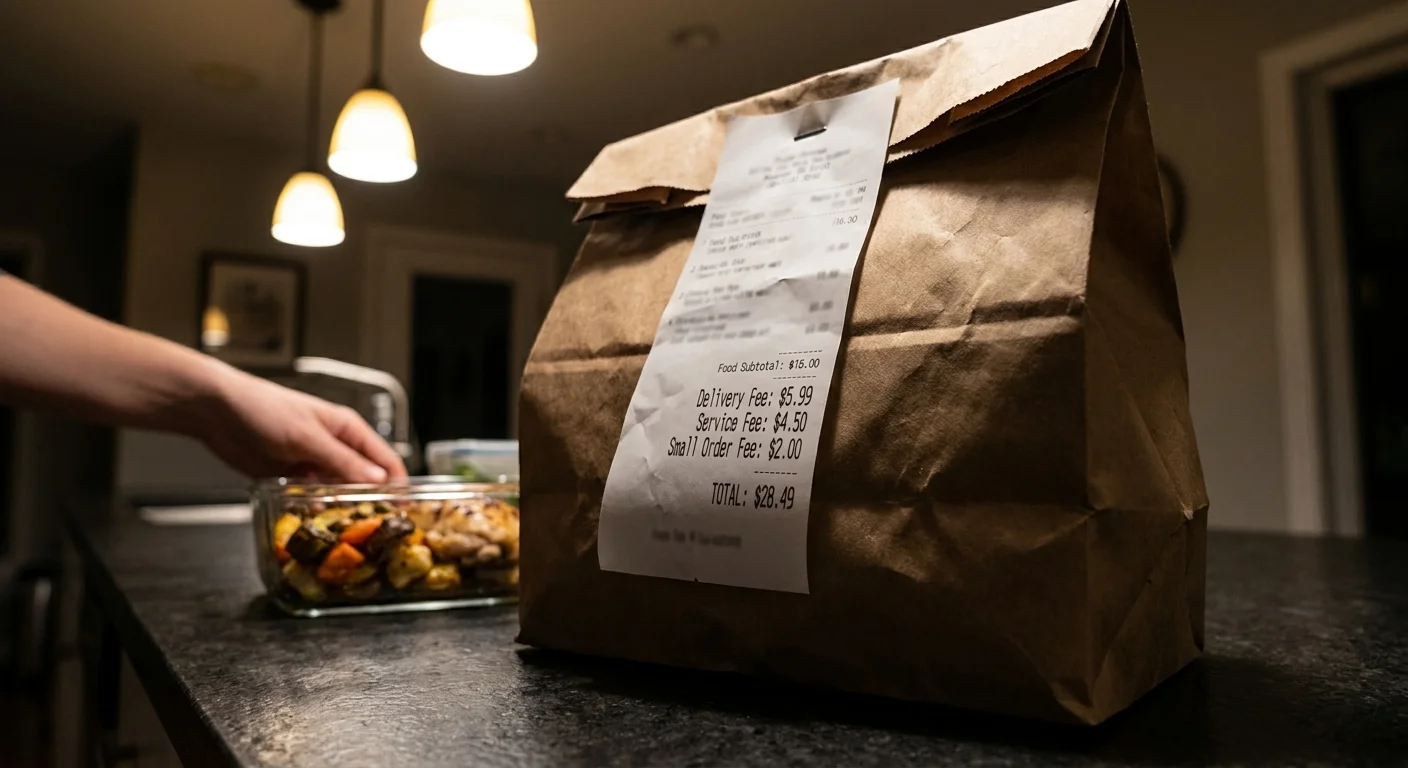 A close-up of a delivery bag receipt showing high service and delivery fees, with a home-cooked meal in the background.