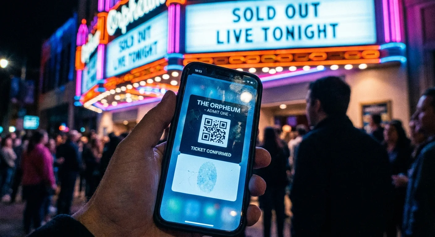 A close-up of a digital concert ticket on a phone screen with neon lights in the background.