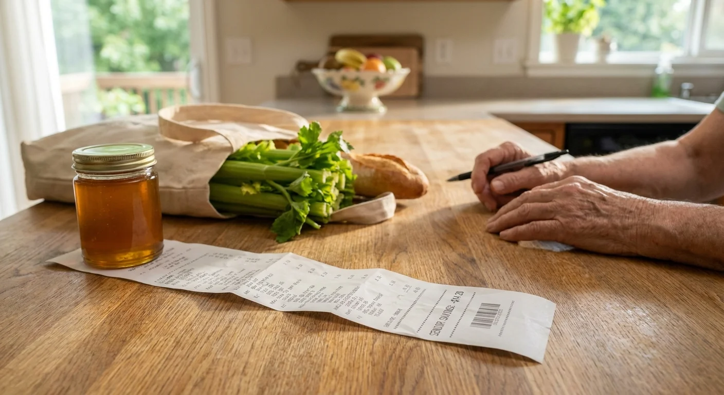 A close-up of a grocery receipt on a wooden kitchen table showing a senior savings discount next to fresh produce.