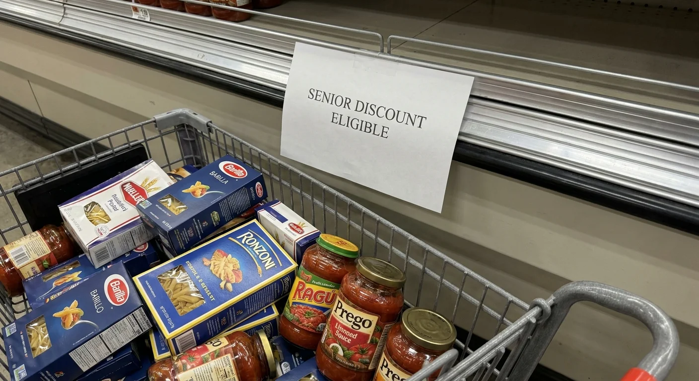 A close-up of a grocery shelf and cart at Weis Markets with a focus on senior discount eligibility labels.