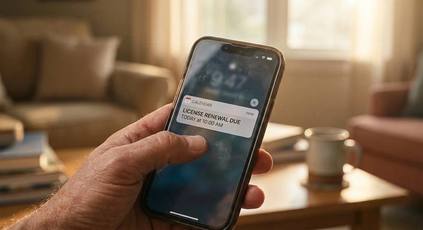 A close-up of a hand holding a phone with a calendar notification for a license renewal.