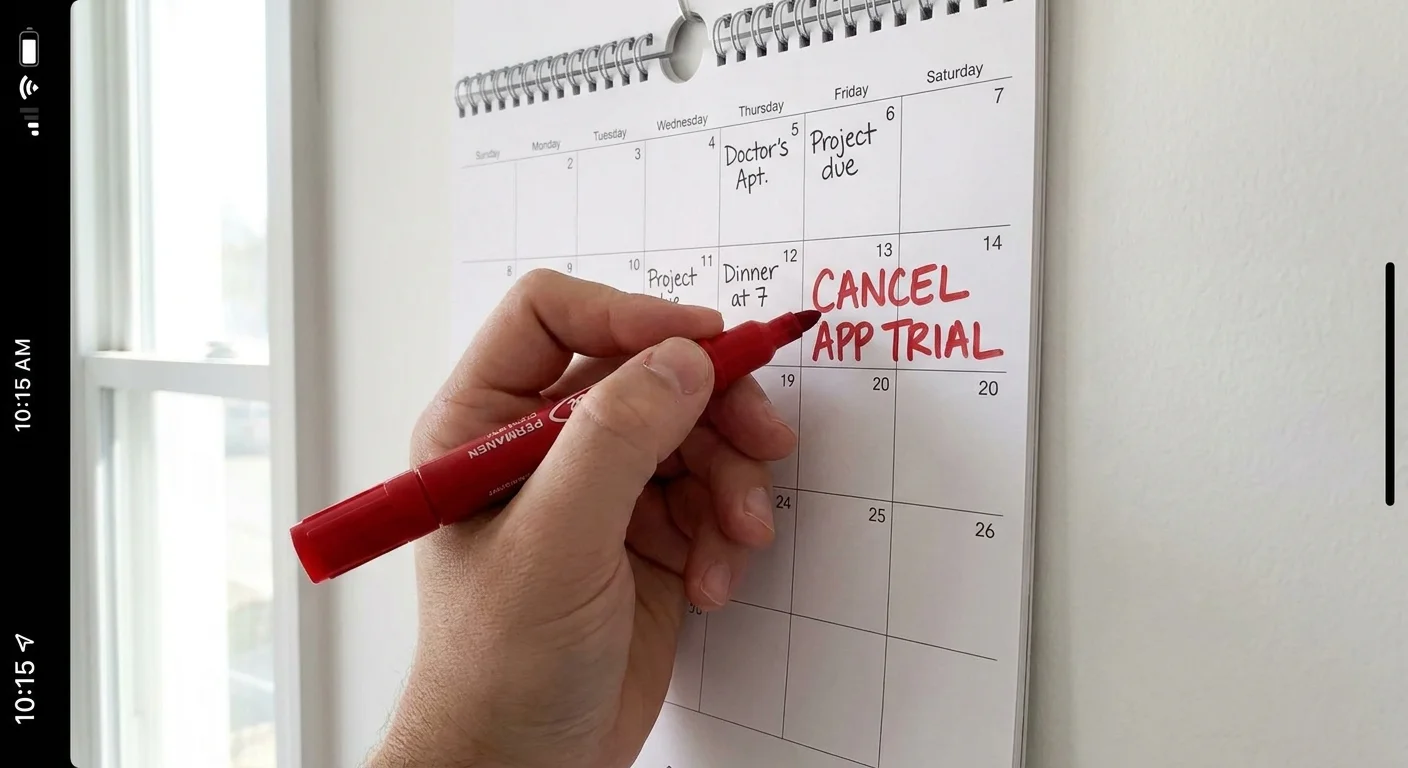 A close-up of a hand using a red marker to write a reminder to cancel a free trial on a wall calendar.