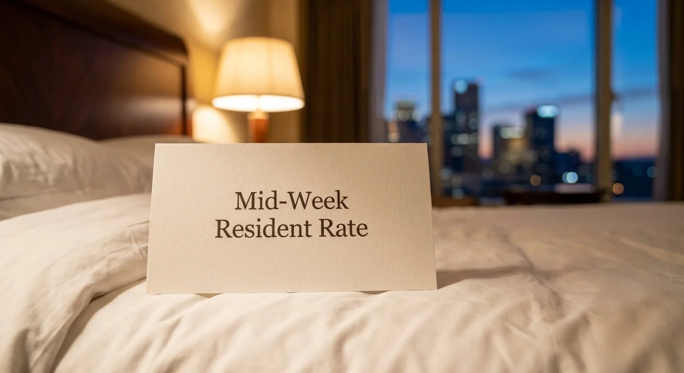 A close-up of a hotel bed with a card displaying a special 'Mid-Week Resident Rate' for guests.