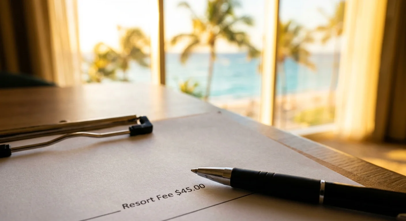 A close-up of a hotel bill highlighting a 'Resort Fee' with a sunny beach blurred in the background.