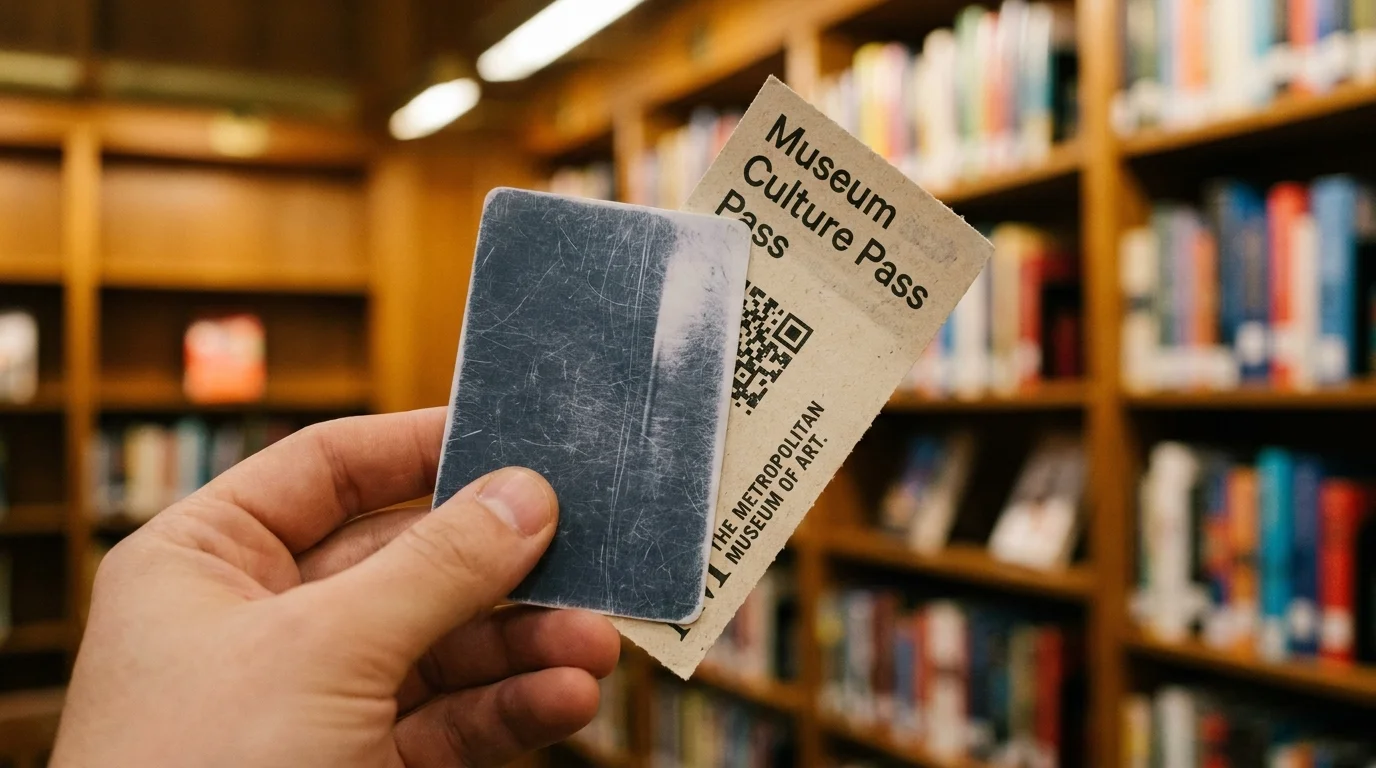 A close-up of a library card and a museum culture pass ticket held in front of blurred bookshelves.