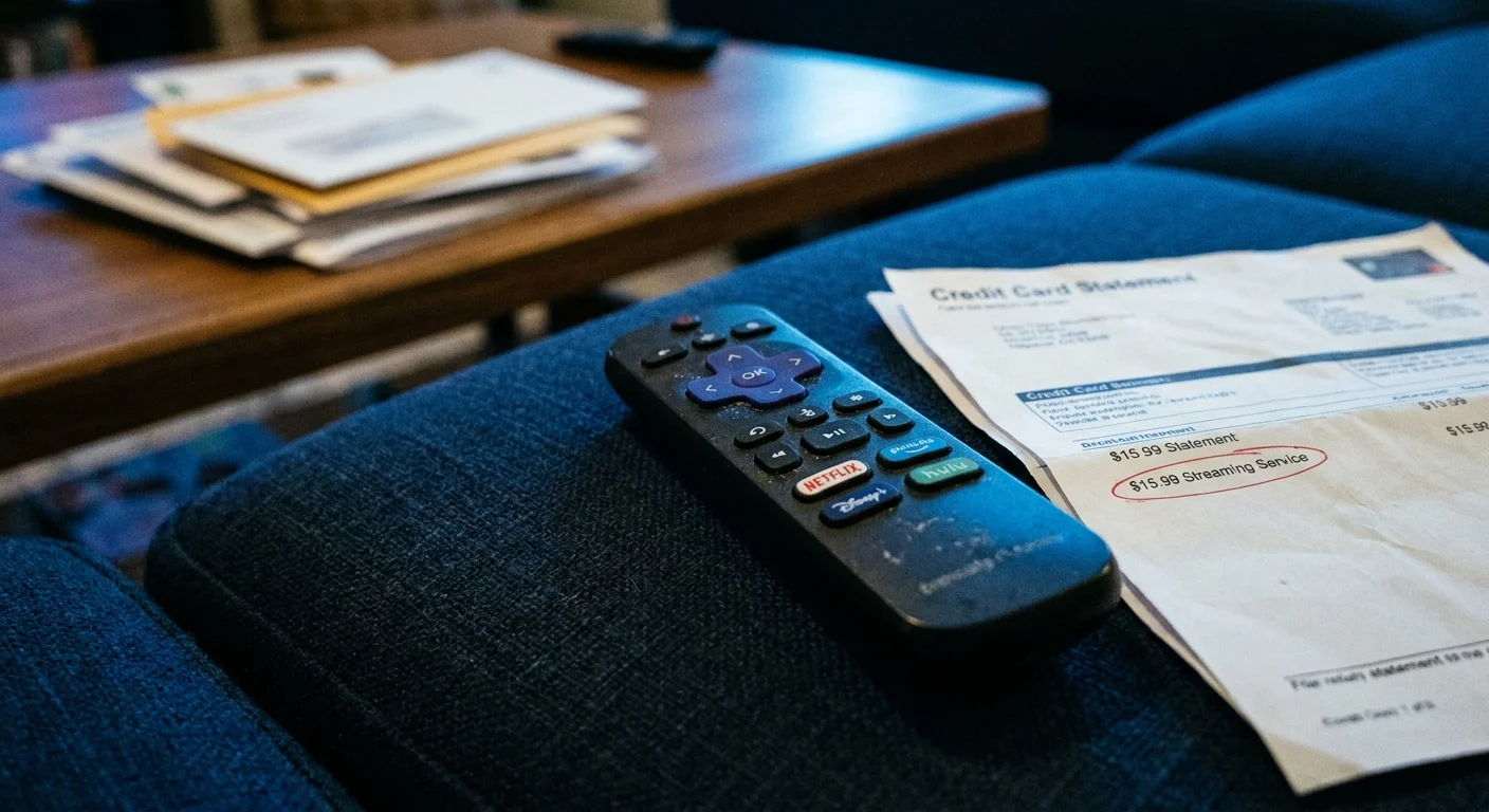A close-up of a TV remote on a sofa next to a bank statement with a streaming service charge circled in red.