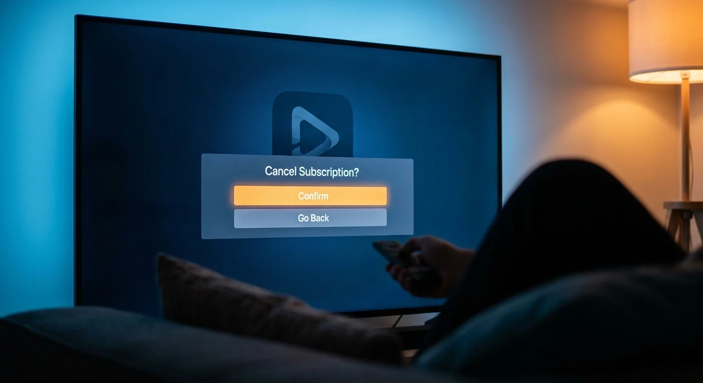 A close-up of a TV screen in a dark room showing a subscription cancellation prompt with a soft reflection of a person.