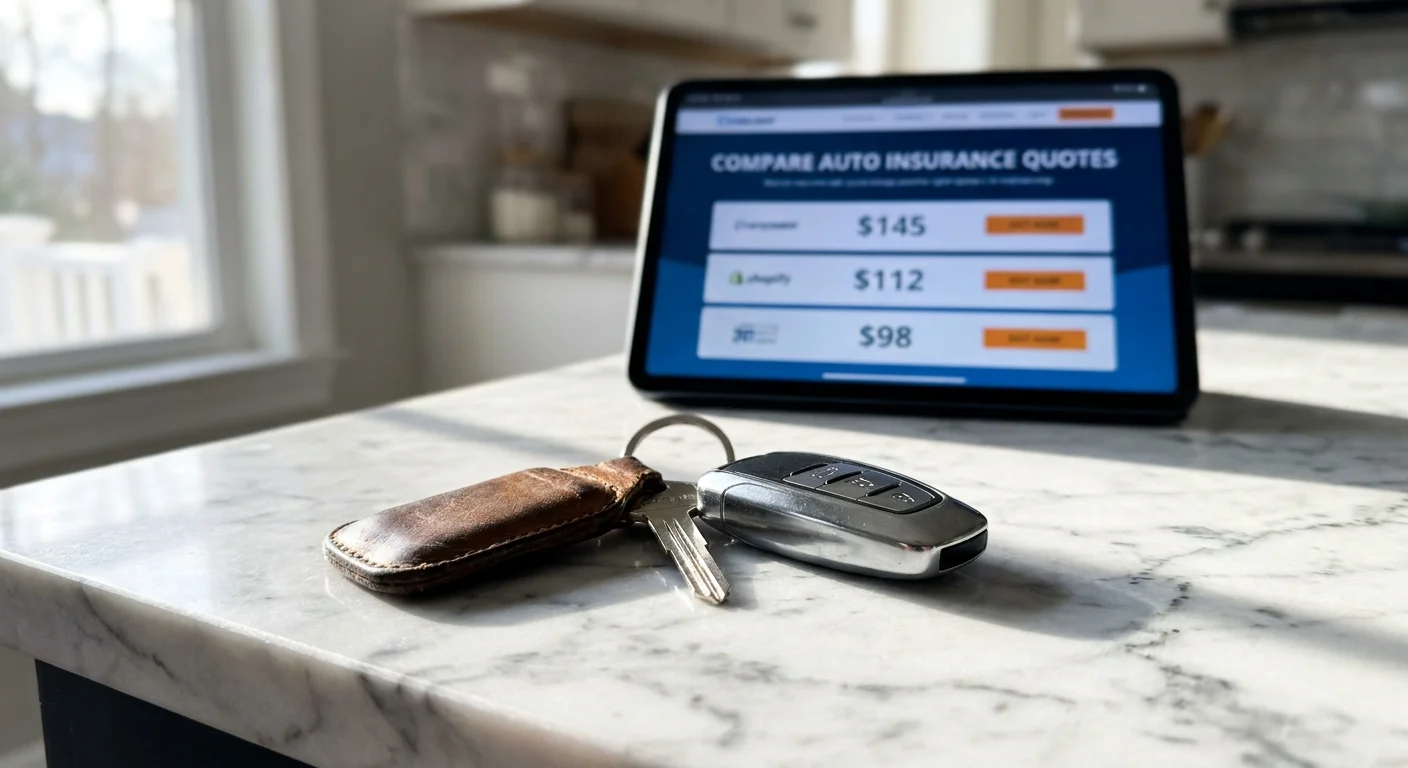 A close-up of car keys on a counter next to a tablet showing a car insurance comparison website.