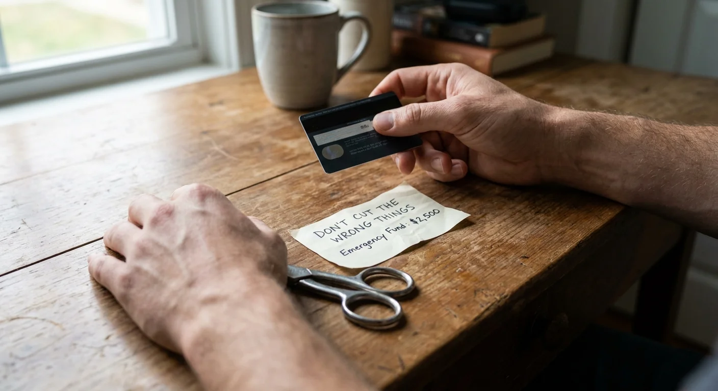 A close-up of hands with a credit card and a note that says 'Don't cut the wrong things' next to an emergency fund figure.