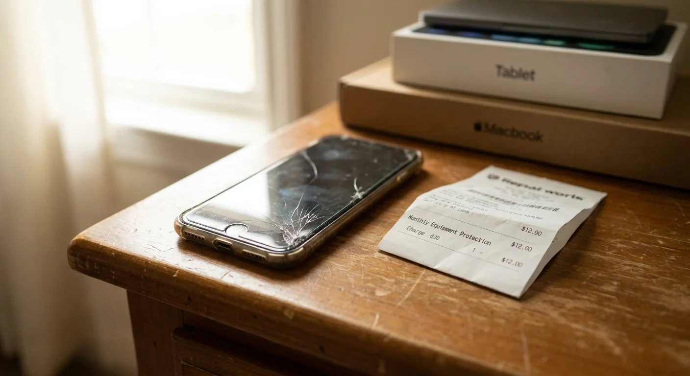 A close-up photo of a cracked smartphone screen next to a paper receipt for equipment protection insurance.
