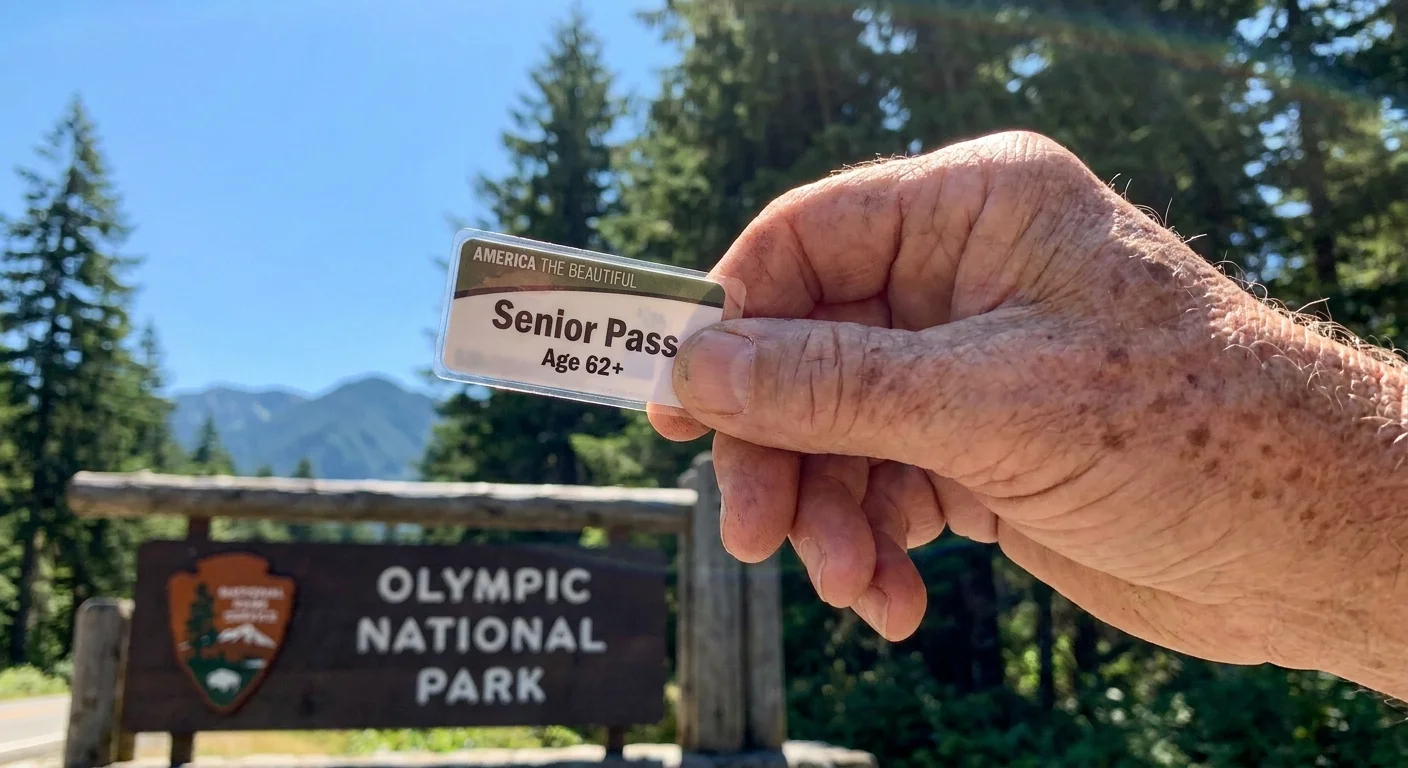 A close-up photo of a senior's hand holding a National Park Senior Pass with a park entrance blurred in the background.