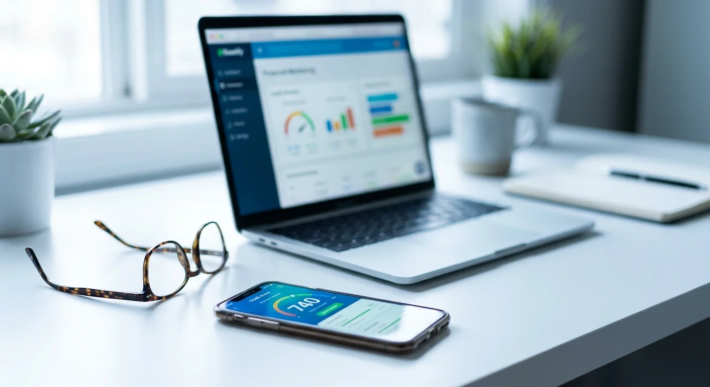 A close-up photo of a smartphone and a laptop both displaying credit score monitoring dashboards at the same time.