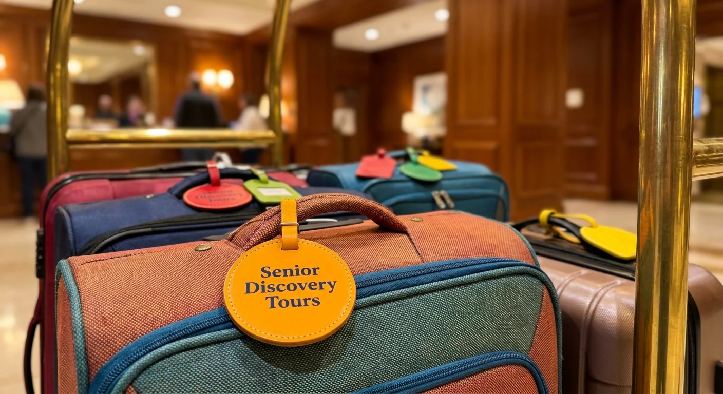 A close-up photo of luggage on a hotel cart with a 'Senior Discovery Tours' tag clearly visible.