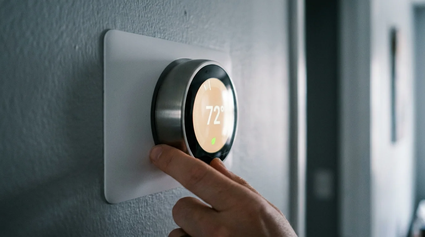 A close-up shot of a hand adjusting a smart thermostat set to 72 degrees with an energy-saving icon.