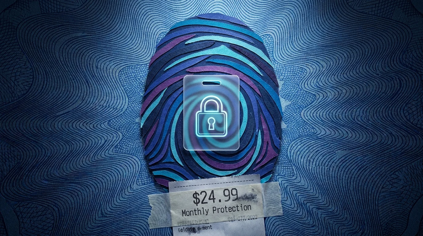 A collage featuring a large paper-cut fingerprint and a security badge icon, with a monthly protection fee receipt.