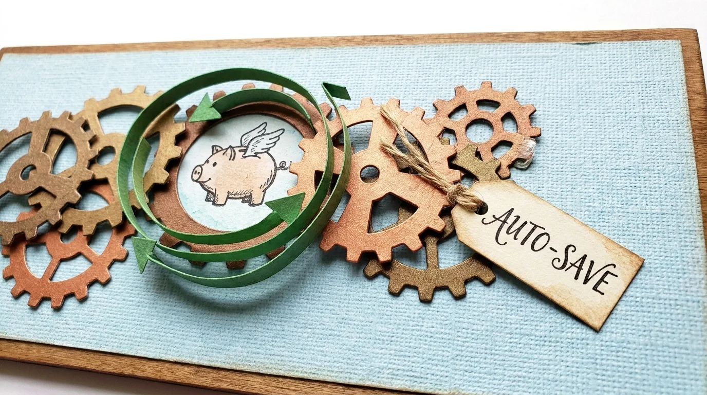 A collage of gears and a piggy bank representing automated savings systems.