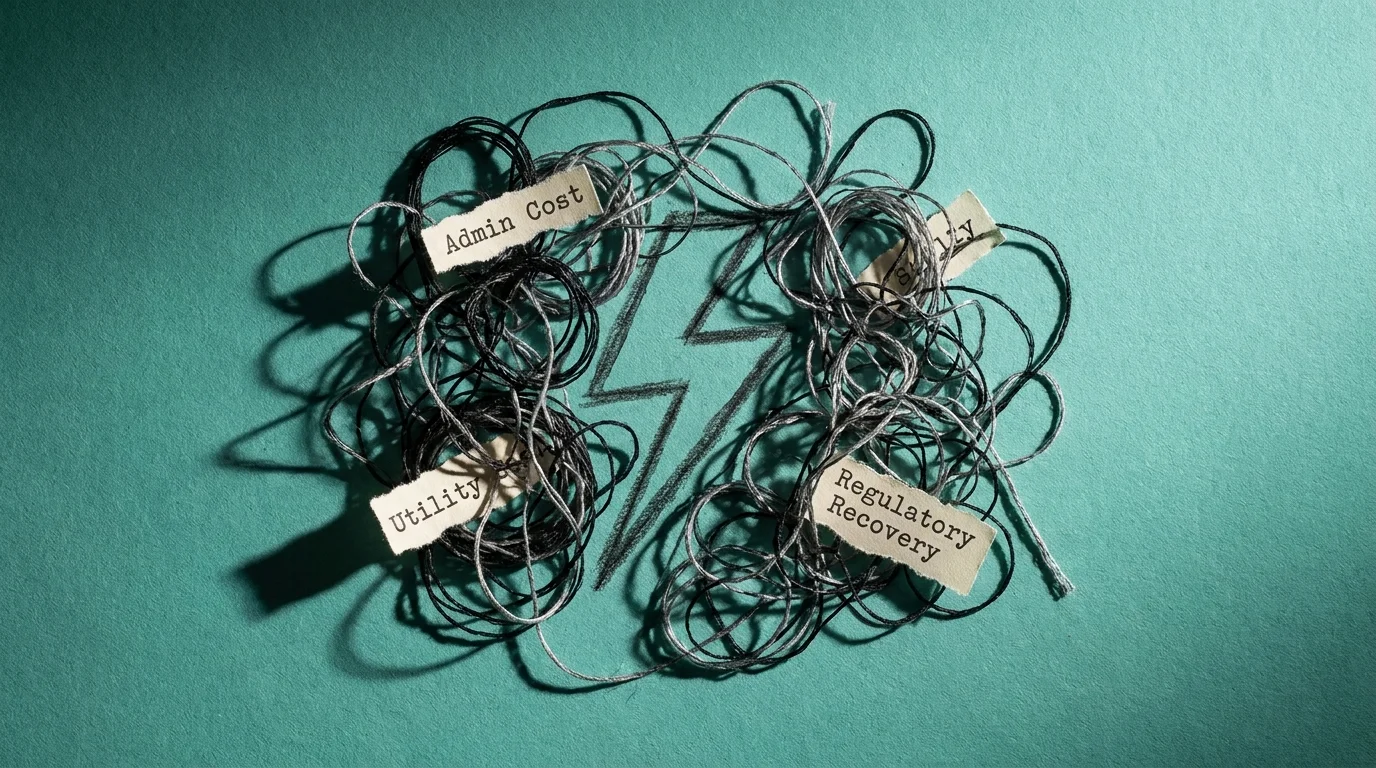 A collage of tangled black threads and bill snippets labeled 'Admin Cost' against a teal background.
