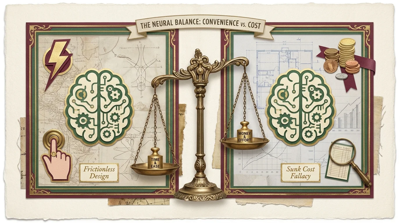 A collage showing a brain and a balance scale weighing convenience against cost, with labels for behavioral economic concepts.