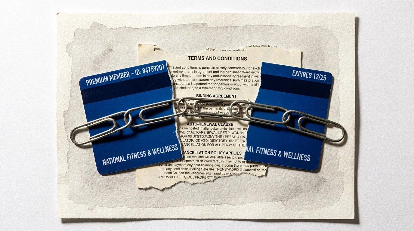 A collage showing a cut membership card held together by a chain of paperclips.