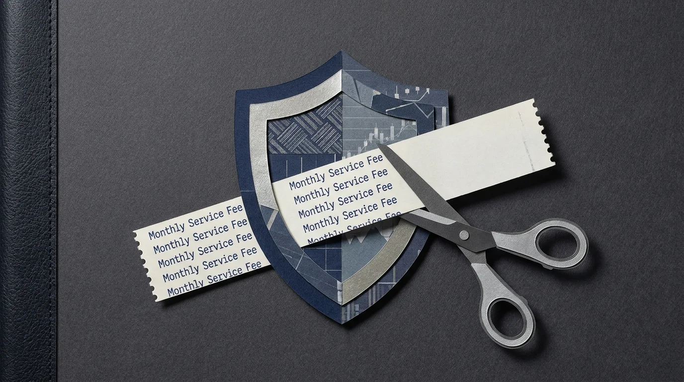 A collage showing a shield icon with a monthly fee statement tucked behind it, and a pair of scissors ready to cut the fee.