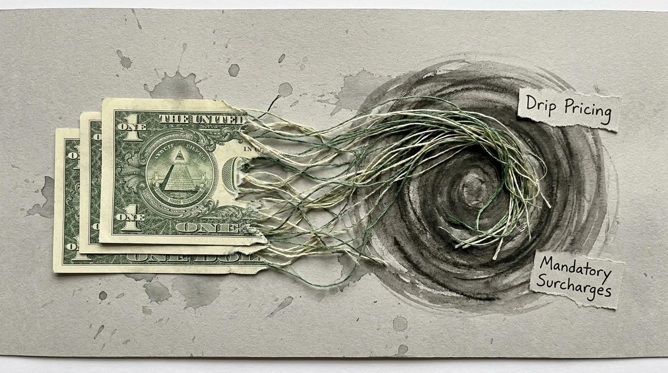 A collage showing dollar bills unraveling into threads and being sucked into a dark ink vortex.