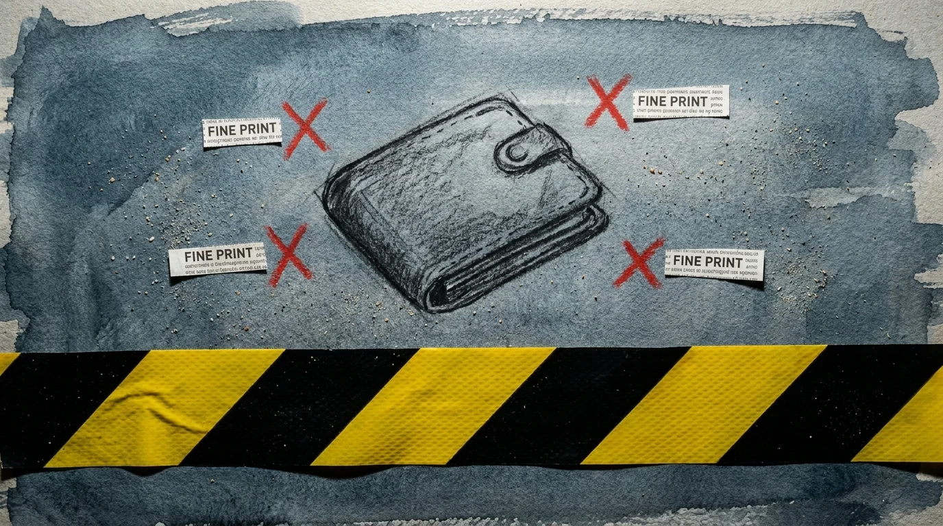 A collage with hazard tape and a wallet, symbolizing financial protection and caution.