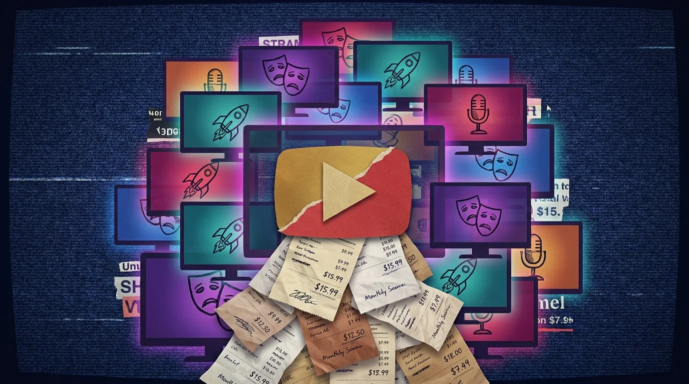 A colorful collage of overlapping transparent tiles with genre icons and monthly price receipts, representing multiple streaming bills.