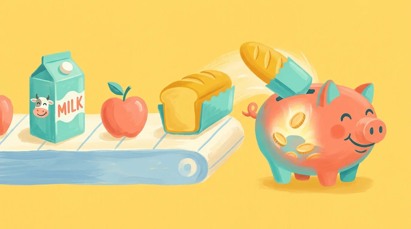A colorful gouache illustration of groceries moving on a conveyor belt into a piggy bank, symbolizing automated savings.