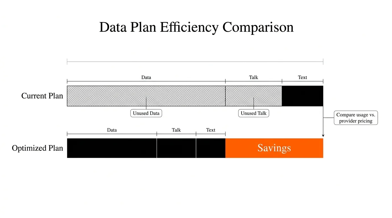 A comparison diagram showing a current cellular plan with unused data versus a more efficient, optimized plan.