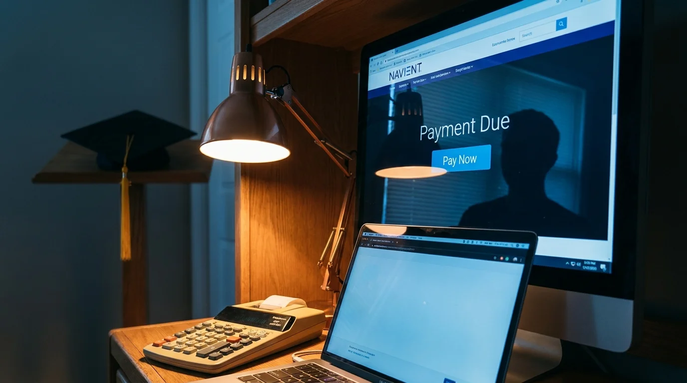A computer screen showing a student loan payment due, reflected in a darkened room.