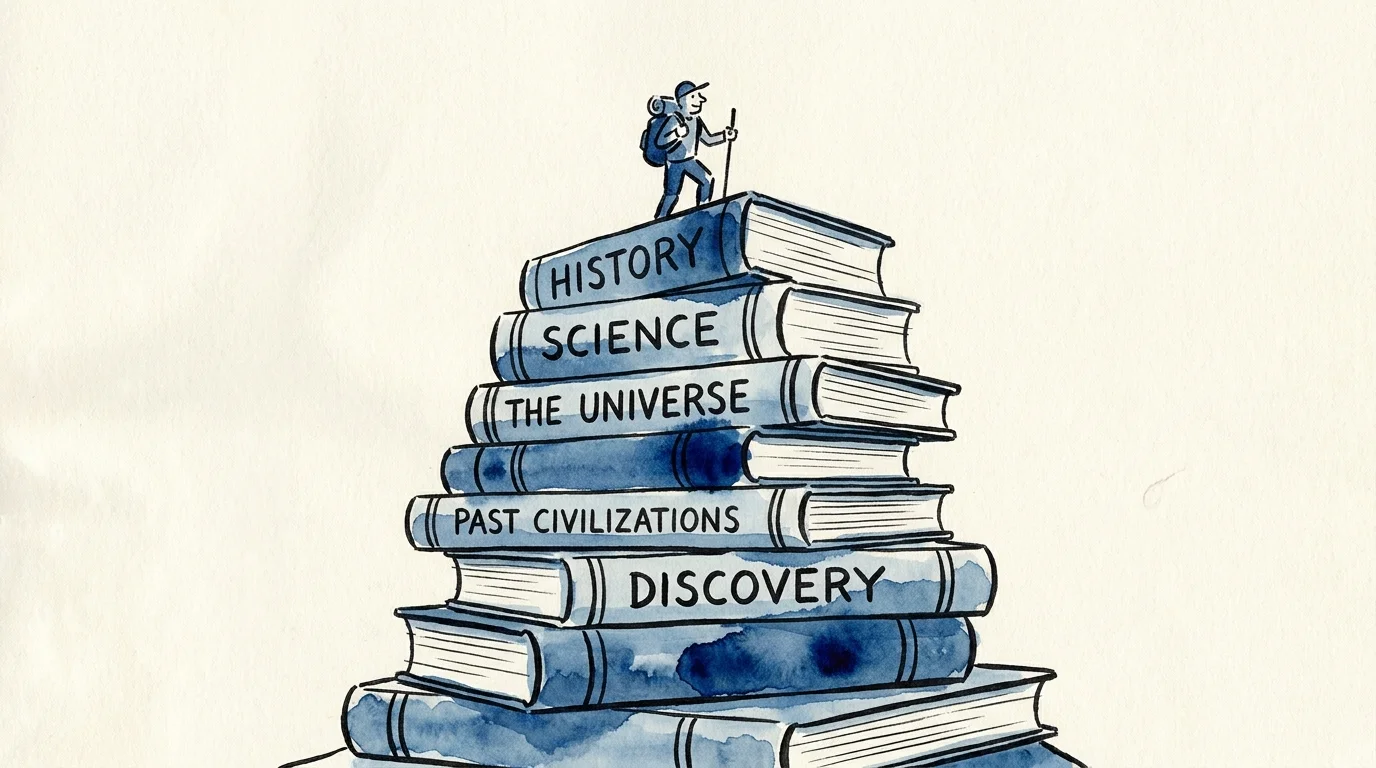 A conceptual illustration of books forming a mountain peak, symbolizing the educational adventure of Road Scholar tours.